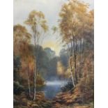 A Hughes Richardson, watercolour, moonlit autumn water landscape with trees, signed, mounted &