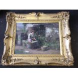 William Marshall Brown, oil on canvas, girl baiting the line, young girl outside cottage, with