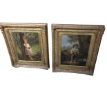A pair of Victorian sentimental oleographs of a boy & girl standing in extensive landscapes, he with