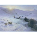 Joseph Farquharson, lithographic print, winter landscape scene with sheep, titled The Sun Peeps O’er