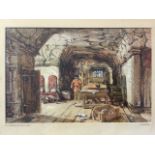 Samuel Rayner, pen and watercolour, interior scene with figure beside table, signed, inscribed on