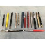 Five fountain pens - Platignum & Osmiroid, some with gold nibs; and various other pens, propelling