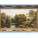 Thomas Spinks, oil on canvas, river landscape with fisherman on bank and sheep in field, signed