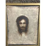 Trompe-l'oeil effect on card, Jesus Christus head on canvas pinned to board, signed Gas Max, in