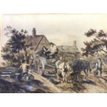 I Jackson, pencil & watercolour, rural cart scene with figures unloading barrels by cottage,