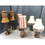 Three pairs of contemporary tablelamps - twisted columns on brass bases with beaded shades, glass