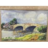 S Newsum, watercolour, river landscape with figures on bridge, signed, mounted & framed, labelled to
