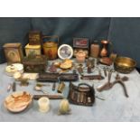 Miscellaneous collectors items including pen knives, cased antique spectacles, a flask, stone