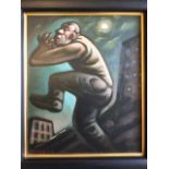 Peter Howson, oil on canvas, figure in moonlight with buildings in background, signed & framed. (9.