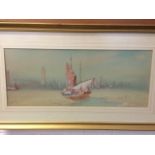 A Tipher?, Edwardian watercolour, men working on sailboat with distant harbour and lighthouse,
