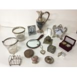 Miscellaneous silver plated items including an engraved Victorian claret jug with wood handle, a