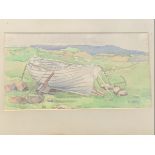 Olive Henry, HRUA, Ulster artist, landscape with clinker boat, signed, mounted & framed. (9.5in x