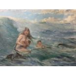 EM Hale, oil on canvas, mermaid & family in choppy sea titled In Blue Waters, signed with monogram