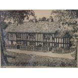 RW Gates, pen and ink, study of timbered cottages through trees, signed, mounted and framed. (7.25in