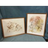 Guru Nag, watercolours, a pair, stylised landscapes with trees, signed, dated and framed. (2)