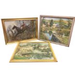 Alfred Munnings, gilt framed print of huntsman crossing brook, signed & dated in print, gilt framed;