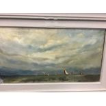 Gillian Robinson, oil on canvas, sailing boats on skyline at sea, signed and framed. (12.75in x 6.