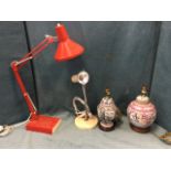 A 70s anglepoise style light with rectangular weighted base; two Chinese famile rose style ginger