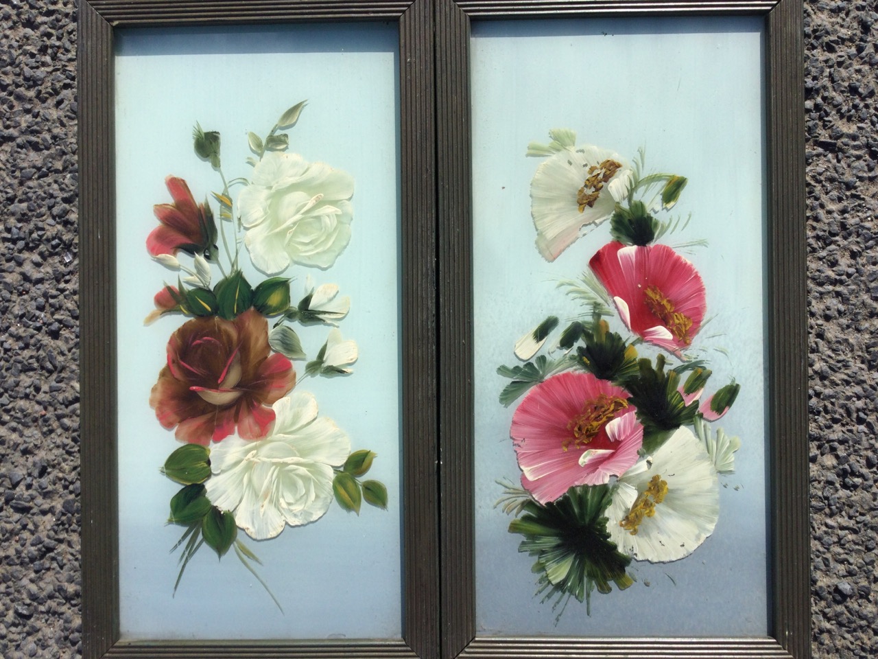 Acrylic on glass, pink and white flowers, a pair; B English, watercolour, poppies in a vase, signed; - Image 2 of 3