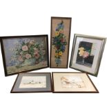 Five miscellaneous framed pictures - needlework, watercolour still life with vase of roses, two