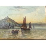 Anderson, C19th watercolour, estuary scene with boats and harbour below church, possibly Whitby,