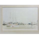 Peter Knox, watercolour, titled Schooner - Tweed Dock, Berwick, with boats tied up at harbour and