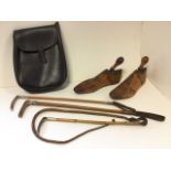 Three childs horn handled riding crops; a sachel style pouch bag; and a pair of 1906 shoe trees