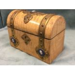 A Victorian domed top burr ash stationary box, the engraved celtic style brass studded mounts set