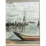 P Getthis, watercolour, a tender moored on the shore, signed, dated, mounted and framed. (13in x