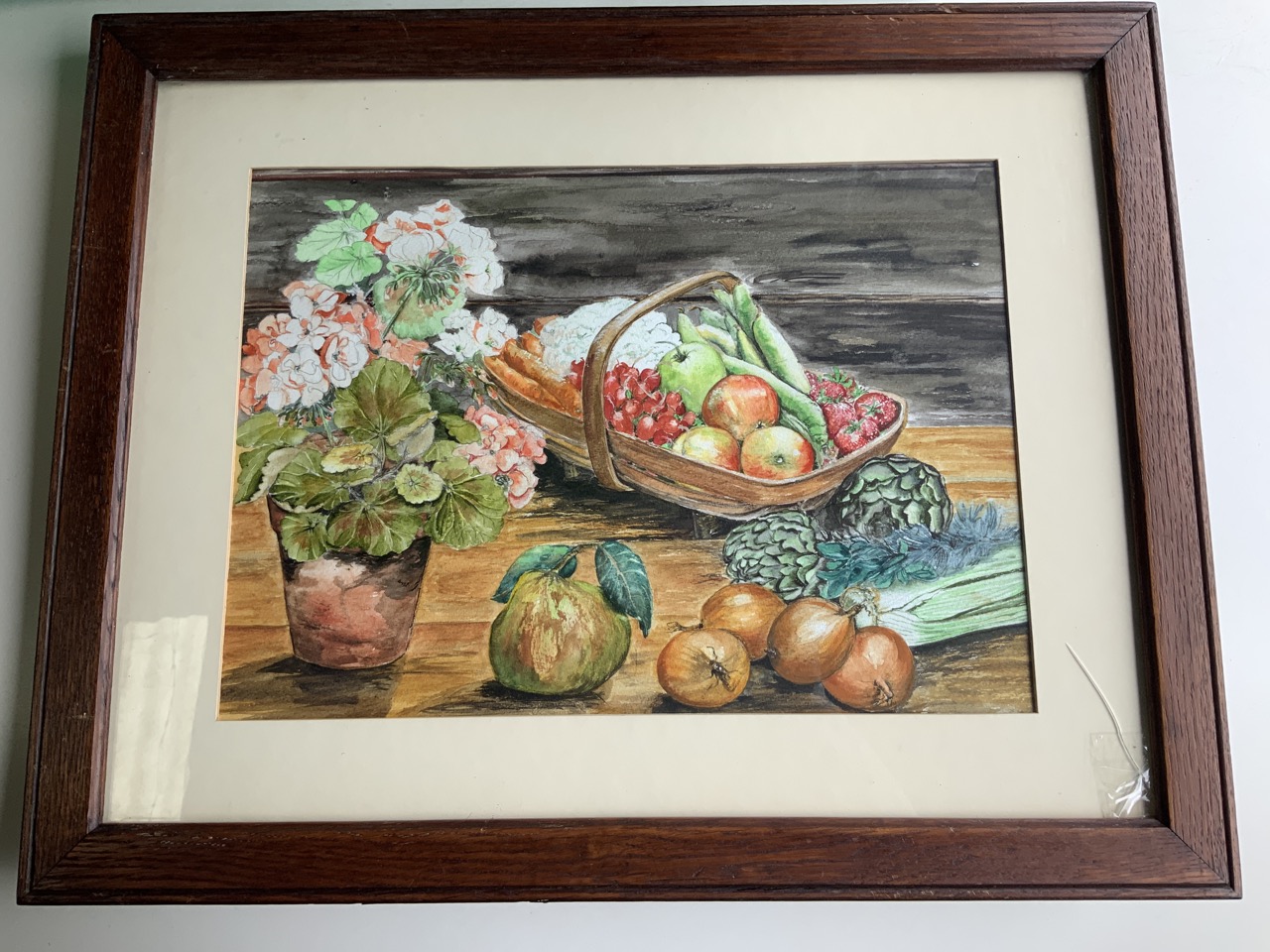 Jennifer J Pugsley, watercolour, still life with vegetables and flowerpot, titled The Trug Basket to - Image 2 of 3