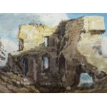 C20th watercolour, ruin with birds flying and sheep in foreground, unsigned, pencil inscription to