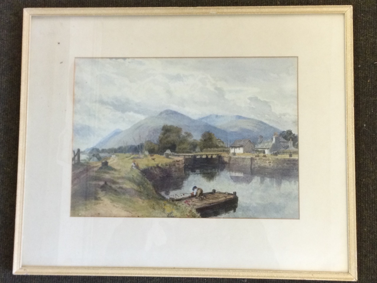 W Foster, watercolour, canal landscape with lock and children on bank, labelled to verso Corpach - Image 3 of 3