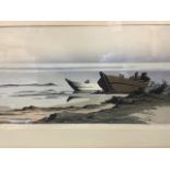 Oscar Draige, woodcut print, seascape with boats by waters edge, signed, mounted & framed. (21.