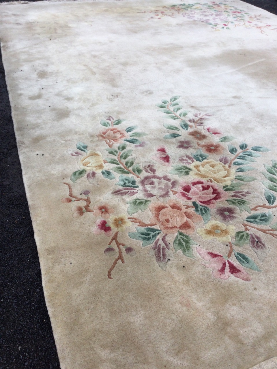 A Chinese thick pile wool carpet woven with embossed ivory floral frieze on mushroom ground, with - Image 3 of 3