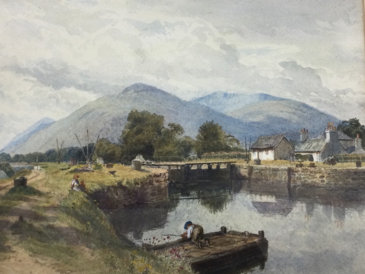 W Foster, watercolour, canal landscape with lock and children on bank, labelled to verso Corpach