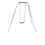 A childs garden swing with collapsible angled frame.