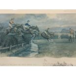 Snaffles, laid down coloured print, steeplechasers over brook titled A Sight to Take Home and