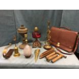Miscellaneous items including two Victorian oil lamps - one with cranberry reservoir, brass, wood