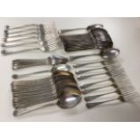 17 silver plated serving spoons and 7 dessert forks by Dixon; and a bead bordered EPNS set of 23