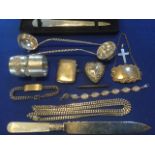 Miscellaneous hallmarked silver and plate including a cased paperknife, a heavy Mexican silver