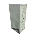 A four-drawer metal filing cabinet with chrome handles and label holders, complete with key. (18.5in