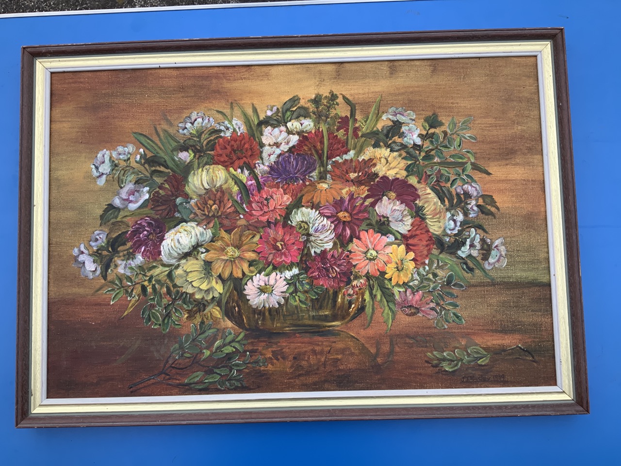 Jennifer J Pugsley, oil on canvas, still life with bright flowers in vase, signed and framed. ( - Bild 2 aus 3