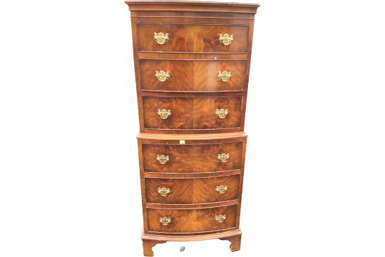 A bowfronted dwarf mahogany tallboy, the six drawers mounted with brass handles, raised on bracket - Image 1 of 3