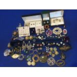 Miscellaneous brooches, pendants & earrings including polished semi-precious stones, RAF, faux
