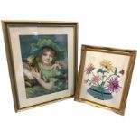 A large Victorian sentimental Pears type print with young girl holding a lamb, mounted & framed; and