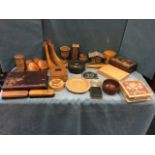 Miscellaneous treen - carved turned pots & covers, painted, a Swiss chalet musical cigarette box,