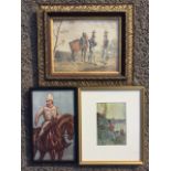 A Victorian print with two military officers by horse in landscape, in gilt & gesso frame; a