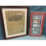 A 1945 framed Daily Express front page celebrating VE Day; and a framed collection of five pound and