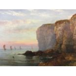 R Wotasm?, nineteenth century oil on canvas, coastal view with sailing boats at sea below cliffs,