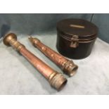 Two 20th Century brass & copper fire hose nozzles - 19.5in & 17.75in; and a Victorian tin hatbox